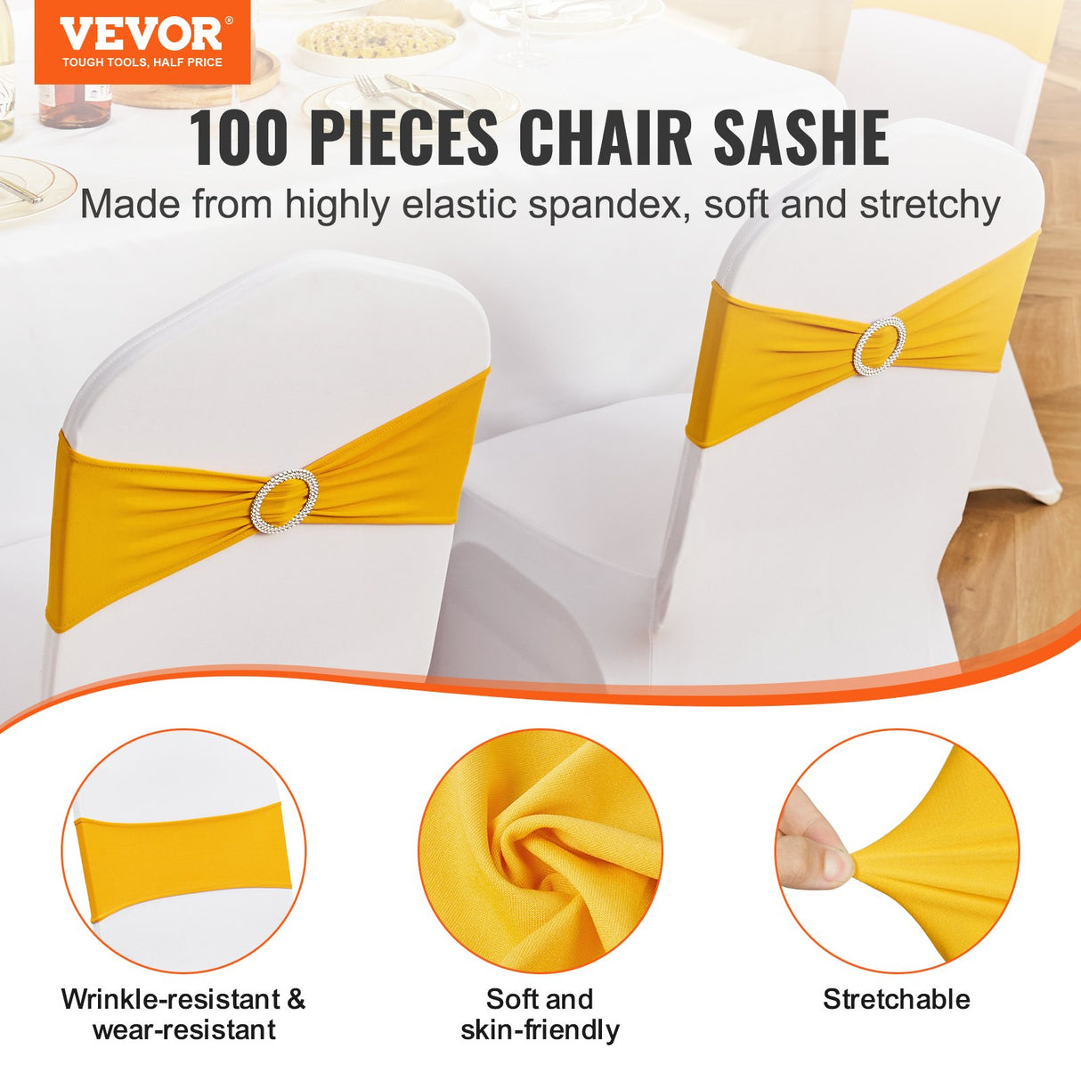 VEVOR Stretch Spandex Chair Sashes, Chair Slipcover and Stretch Chair Sash with Round Buckle, Elastic Chair Bands, Fitting Wedding, Holiday, Banquet,