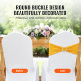 VEVOR Stretch Spandex Chair Sashes, Chair Slipcover and Stretch Chair Sash with Round Buckle, Elastic Chair Bands, Fitting Wedding, Holiday, Banquet, Party Chair Decoration (100 PCS Golden Yellow) - Top-Down View