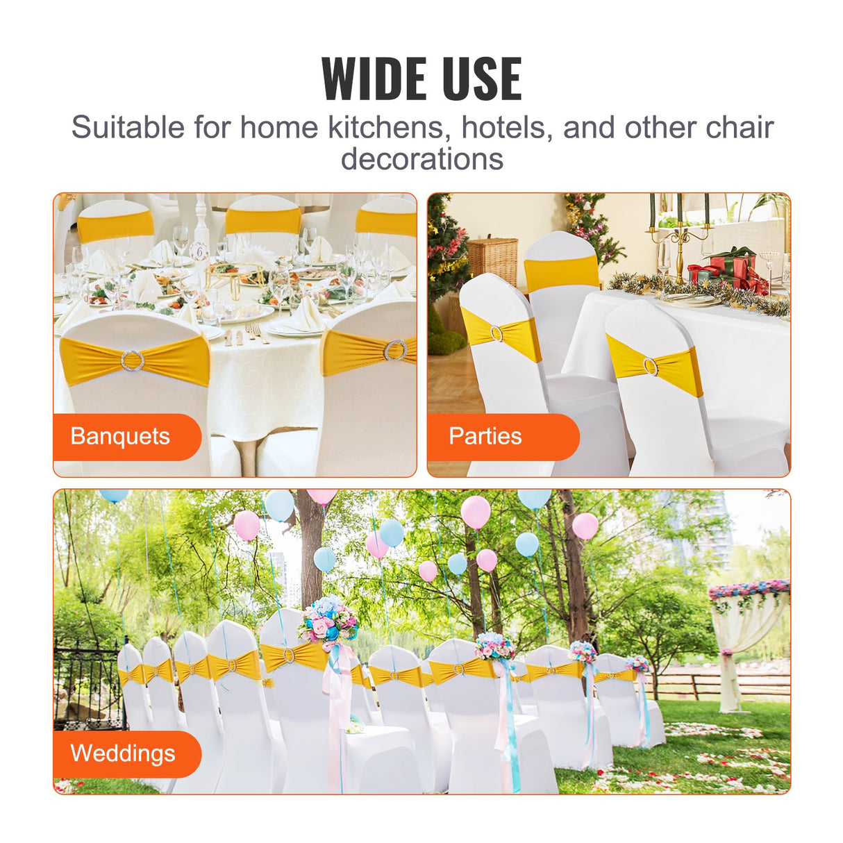 Stretch Spandex Chair Sashes, Chair Slipcover and Stretch Chair Sash with Round Buckle, Elastic Chair Bands, Fitting Wedding, Holiday, Banquet, Party Chair Decoration (50 PCS Golden Yellow)