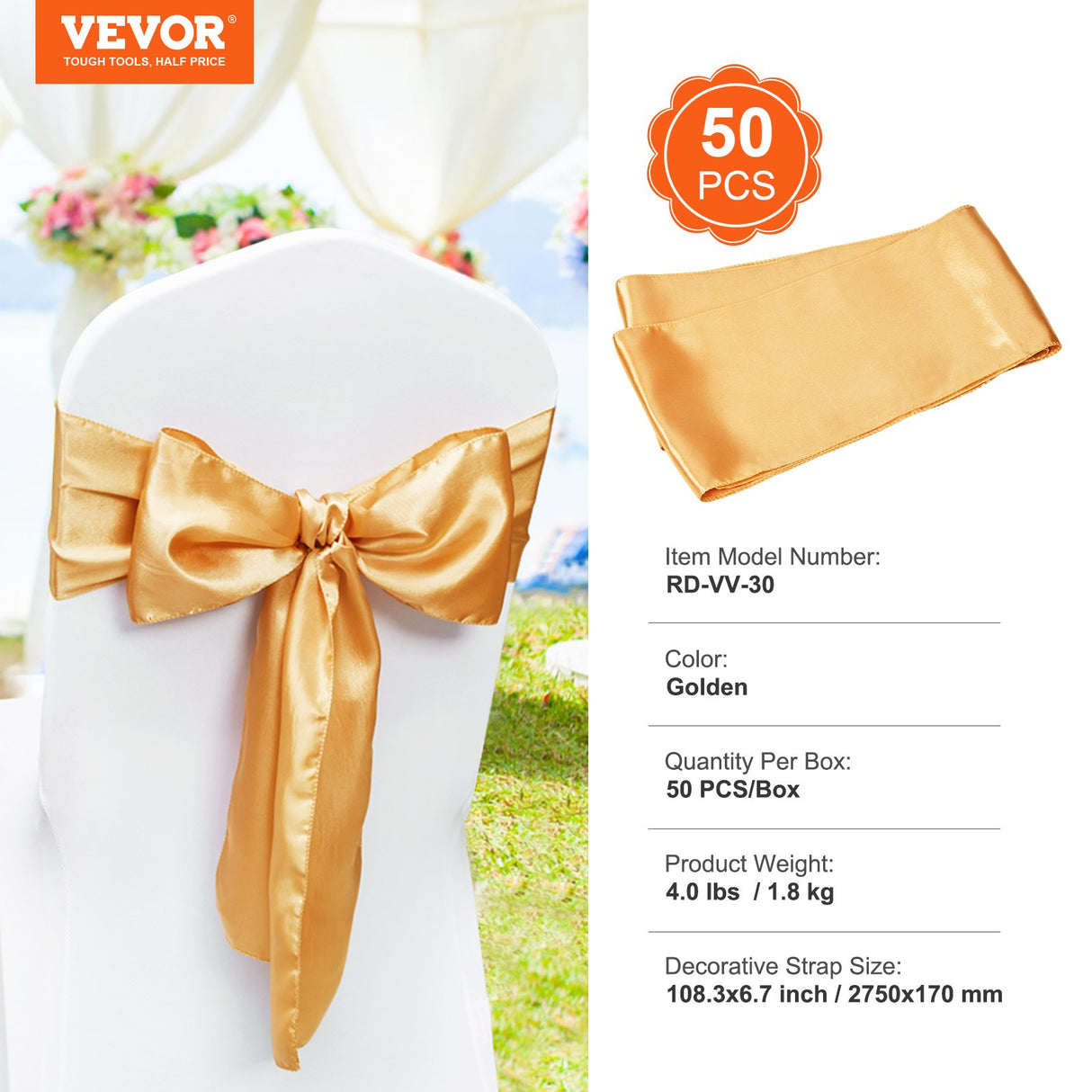 VEVOR Stretch Spandex Chair Sashes Bows, Chair Slipcover and Stretch Chair Sash, Elastic Chair Bands, Fitting Wedding, Holiday, Banquet, Party,