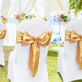 VEVOR Stretch Spandex Chair Sashes Bows, Chair Slipcover and Stretch Chair Sash, Elastic Chair Bands, Fitting Wedding, Holiday, Banquet, Party, Celebration Chair Decoration (50 PCS Gold) - Close-Up Angle