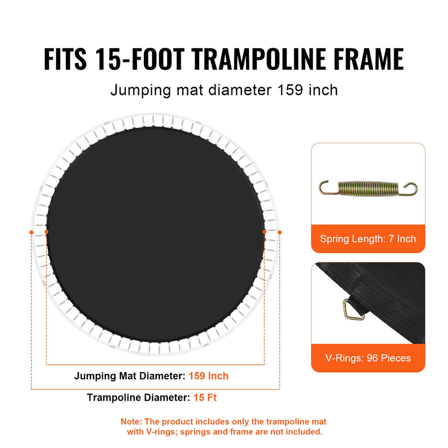 Replacement Trampoline Mat, Jumping Mat Fits 15ft Frame, Universal Jumping Mat for 15ft Round Trampoline, Reinforce UV-Resistant Mat with Spring Tool & Durable V-Rings, Fit 7" Spring Length
