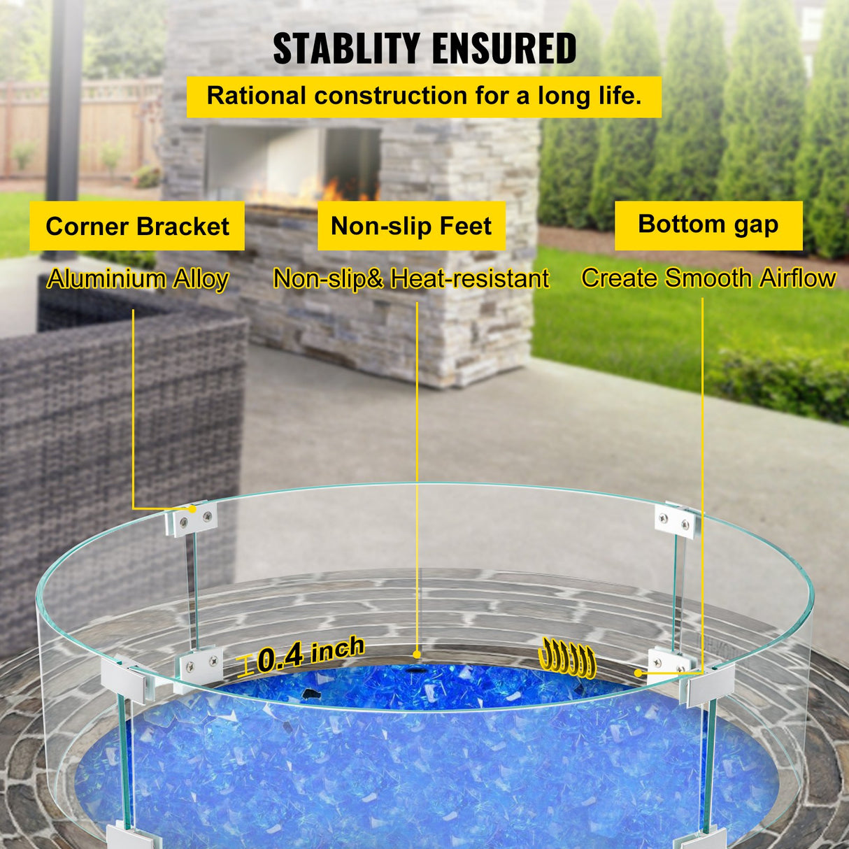 VEVOR Fire Pit Wind Guard, Glass Flame Guard, Round Glass Shield, 1/4-Inch Thick Fire Table, Clear Tempered Glass Flame Guard, Aluminum Alloy Feet for