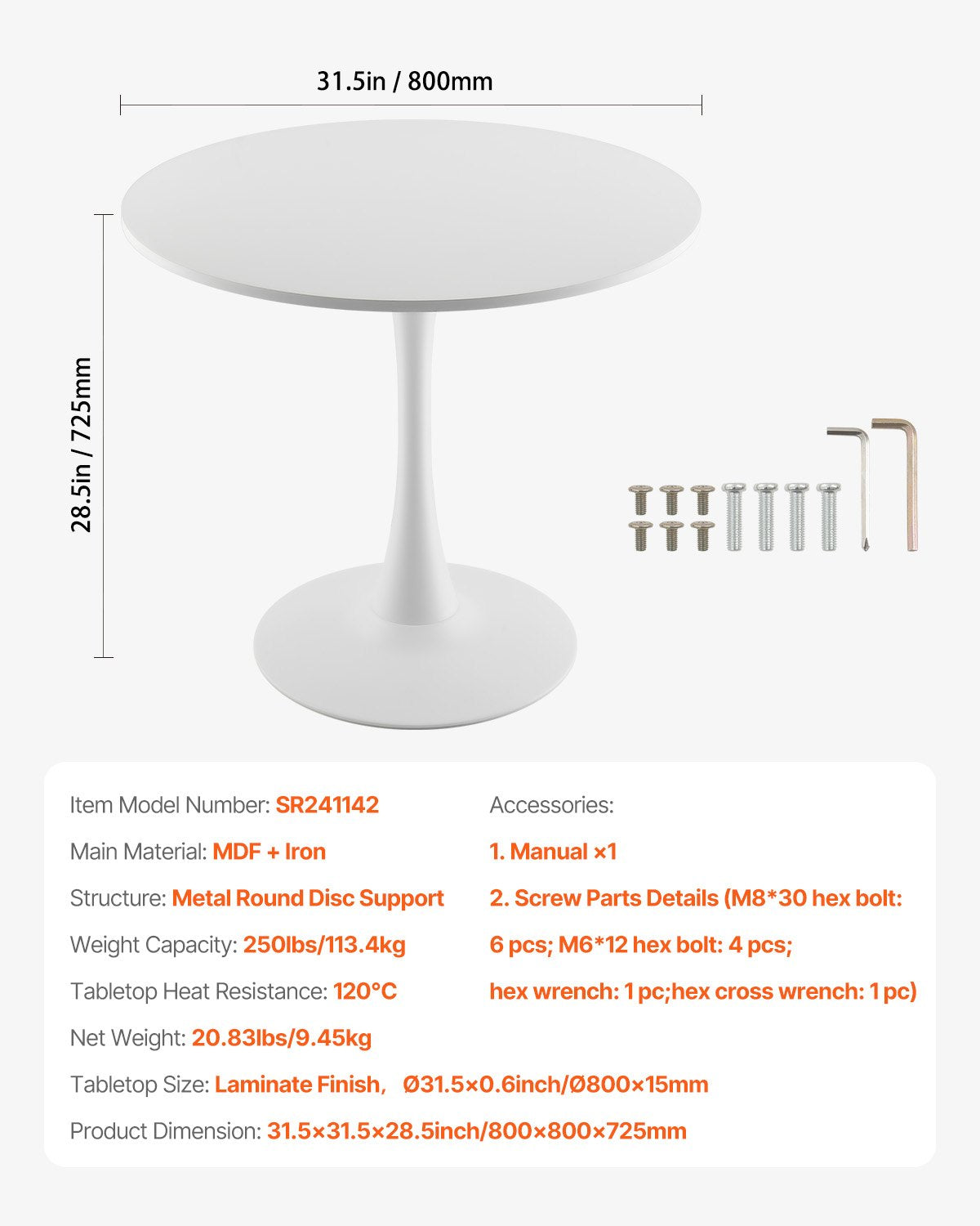 VEVOR 31.5 in Round Dining Table Wood Kitchen Table for 2-4 Person (Only Table)