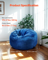 VEVOR 91 cm Round Bean Bag Chair with Removable Cover & Dutch Velvet Blue - Front View