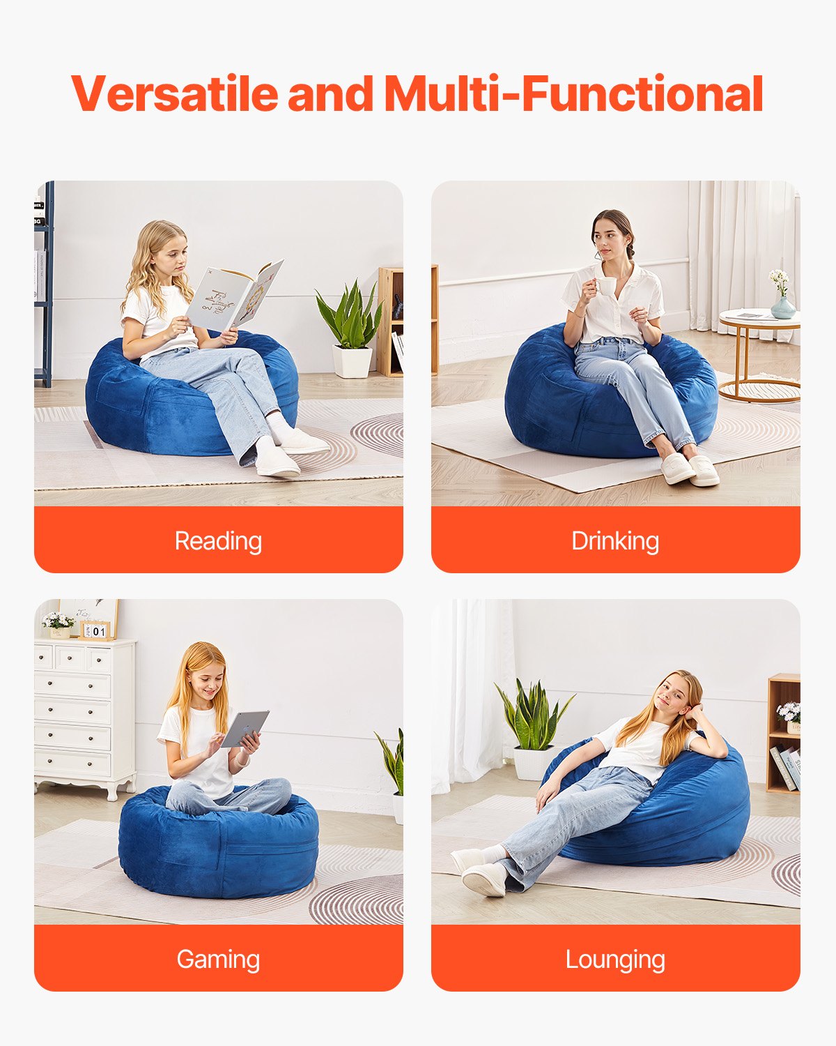VEVOR 91 cm Round Bean Bag Chair with Removable Cover & Dutch Velvet Blue