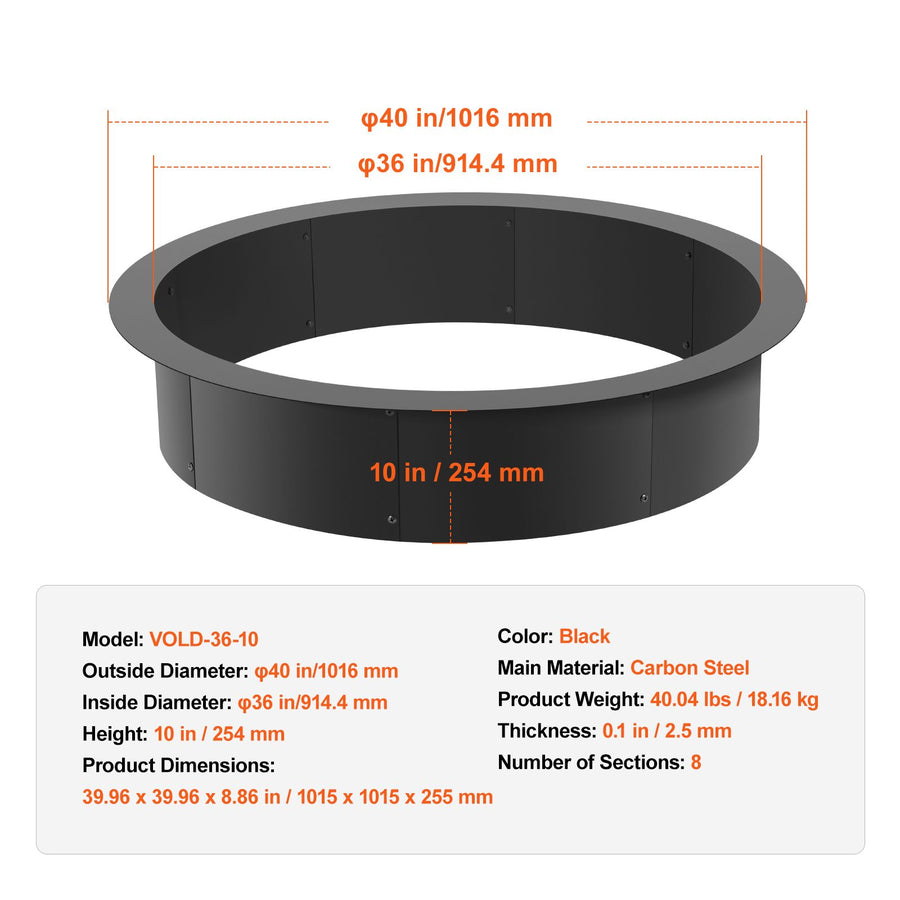 Fire Pit Ring, 40-Inch Outer/36-Inch Inner Diameter, 10inch Height 2.5mm Thick Fire Pit Insert, Heavy Duty Carbon Steel Liner DIY Campfire Ring above or In-Ground, for Outdoor Camping, Bonfires