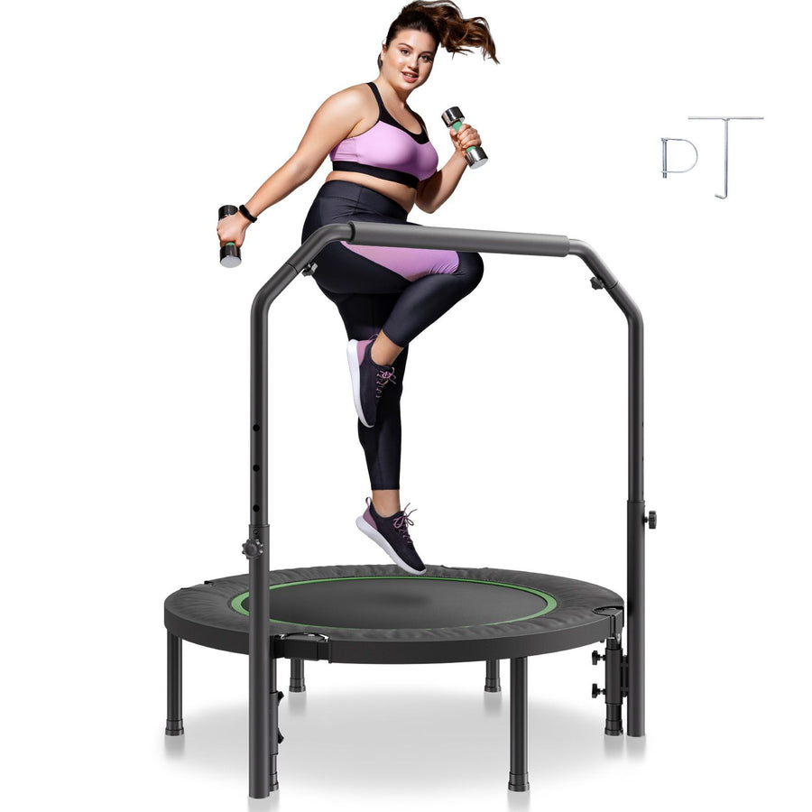 Foldable Mini Trampoline, 40 Inch Fitness Rebounder, Max Load 330lbs Exercise Trampoline, Stable & Quiet Trampoline with 4 Level Height Adjustable Foam Handle, for Adults Indoor/Garden Workout