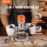 VEVOR Wood Router, 1.25HP 800W, Compact Wood Trimmer Router Combo Tool with Plunge and Fixed Base, 30000RPM 6 Variable Speeds, with 1/4'' & 5/16'' Collets Dust Hood, for Woodworking Slotting Trimming - Front View