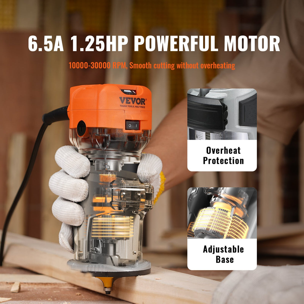 VEVOR Wood Router, 1.25HP 800W, Compact Wood Trimmer Router Combo Tool with Plunge and Fixed Base, 30000RPM 6 Variable Speeds, with 1/4'' & 5/16''