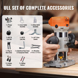 VEVOR Wood Router, 1.25HP 800W, Compact Wood Trimmer Router Combo Tool with Plunge and Fixed Base, 30000RPM 6 Variable Speeds, with 1/4'' & 5/16'' Collets Dust Hood, for Woodworking Slotting Trimming - Rear View
