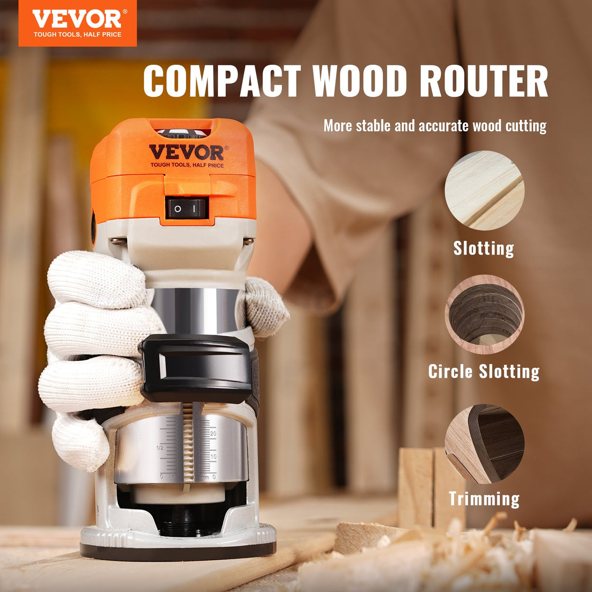 VEVOR Wood Router, 1.25HP 800W, Compact Wood Trimmer Router Tool, 30000RPM Max Speed 6 Variable Speeds, with 1/4'' & 5/16'' Collets 12 PCs Milling