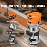 VEVOR Wood Router, 1.25HP 800W, Compact Wood Trimmer Router Tool, 30000RPM Max Speed 6 Variable Speeds, with 1/4'' & 5/16'' Collets 12 PCs Milling