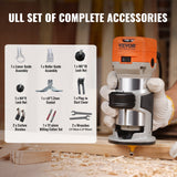 VEVOR Wood Router, 1.25HP 800W, Compact Wood Trimmer Router Tool, 30000RPM Max Speed 6 Variable Speeds, with 1/4'' & 5/16'' Collets 12 PCs Milling