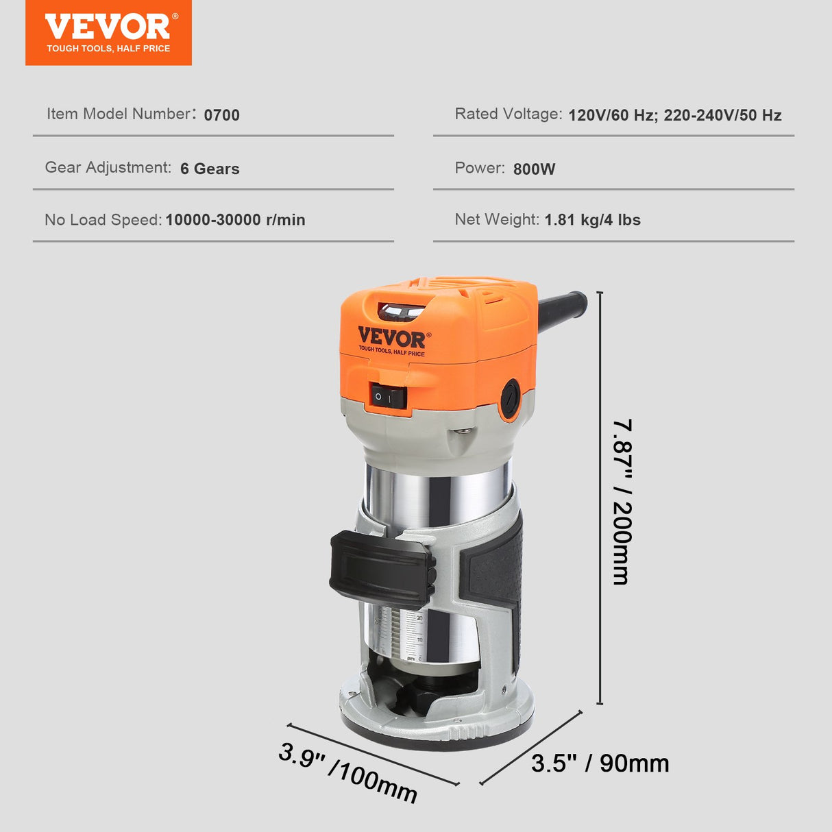 VEVOR Wood Router, 1.25HP 800W, Compact Wood Trimmer Router Tool, 30000RPM Max Speed 6 Variable Speeds, with 1/4'' & 5/16'' Collets 12 PCs Milling