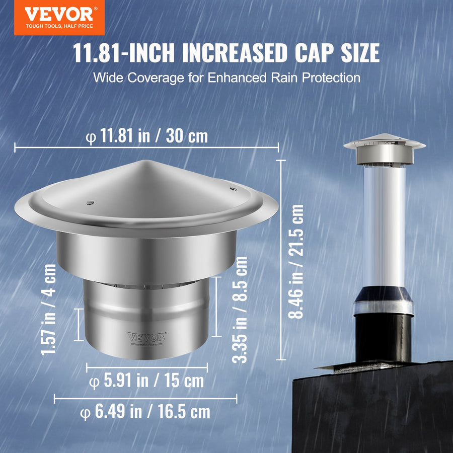VEVOR Chimney Cap 6-inch 304 Stainless Steel Round Roof Rain Cap Cover Silver, image 2