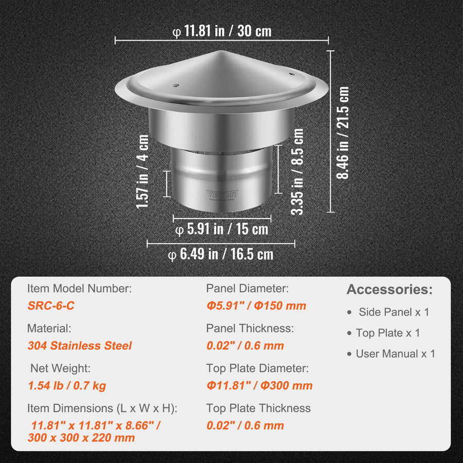 VEVOR Chimney Cap 6-inch 304 Stainless Steel Round Roof Rain Cap Cover Silver, image 6