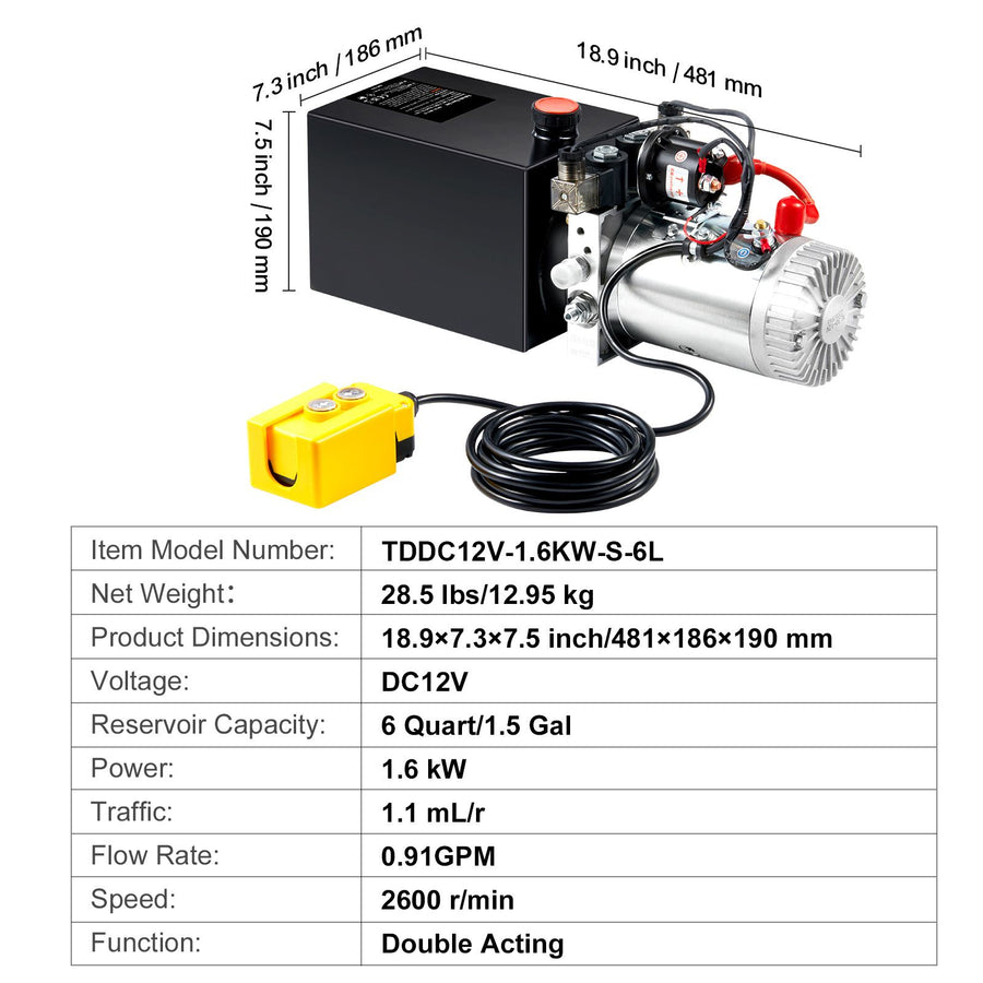 Hydraulic Pump, 6 Quart Hydraulic Power Unit, Double Acting Dump Trailer Pump, 0.91 GPM Flow Rate, 3200 PSI Max Relief Pressure, DC 12V Hydraulic Pump for Dump Trailer Car Lifting