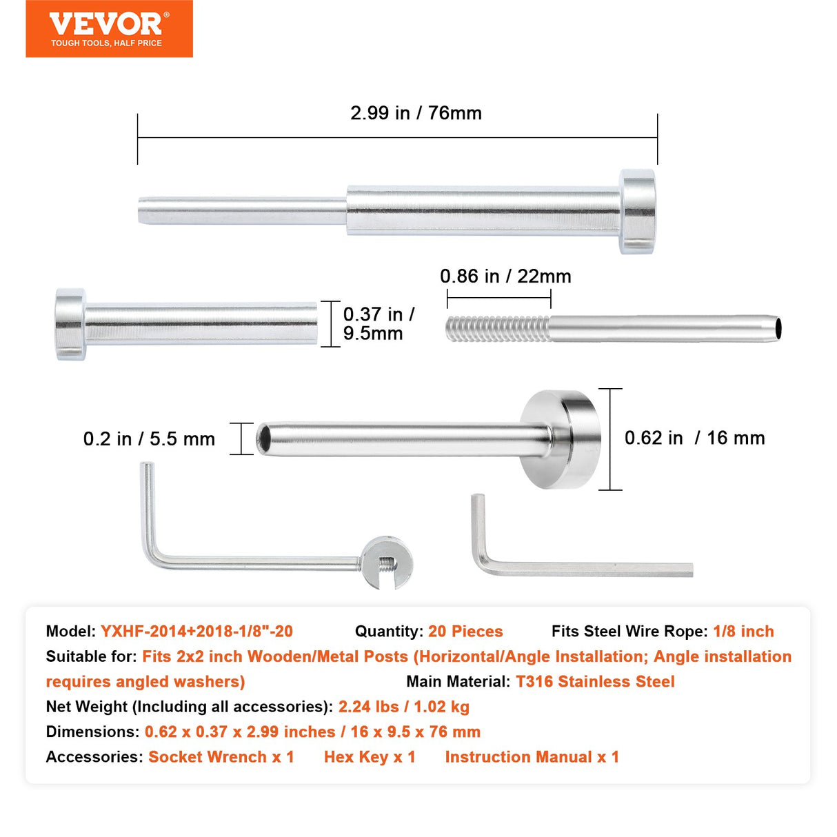20 Pack Invisible Cable Railing kit, T316 Stainless Steel 3.2mm Invisible Receiver and Swage Stud End for Cable Railing, Swage Tensioner 3.2mm for Wood/Metal Post, Cable Railing Hardware, Silver