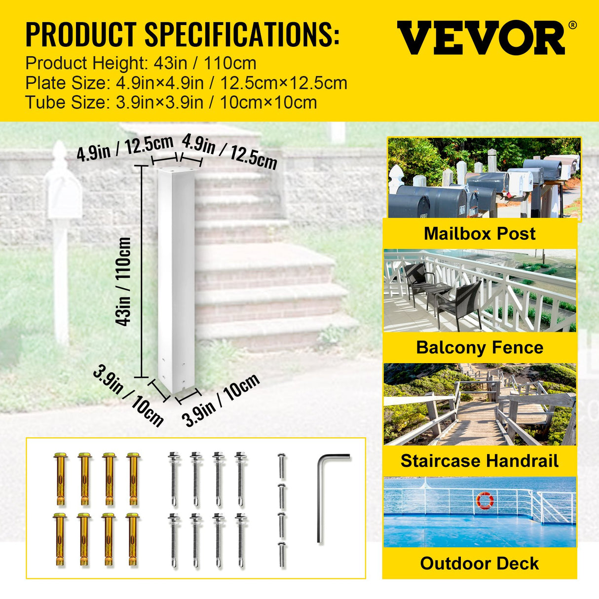 VEVOR Mailbox Post, 43" High Mailbox Stand, White Powder-Coated Mail Box Post Kit, Q235 Steel Post Stand Surface Mount Post for Sidewalk and Street