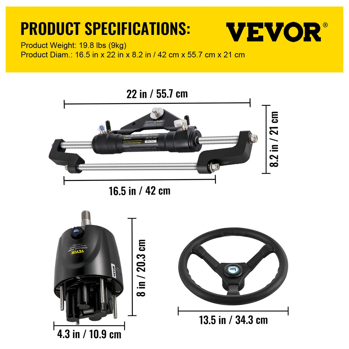 VEVOR Hydraulic Steering Kit 300HP, Hydraulic Boat Steering Kit Helm Pump, Hydraulic Boat Steering Kit Without Hydraulic Steering Hose for Boat