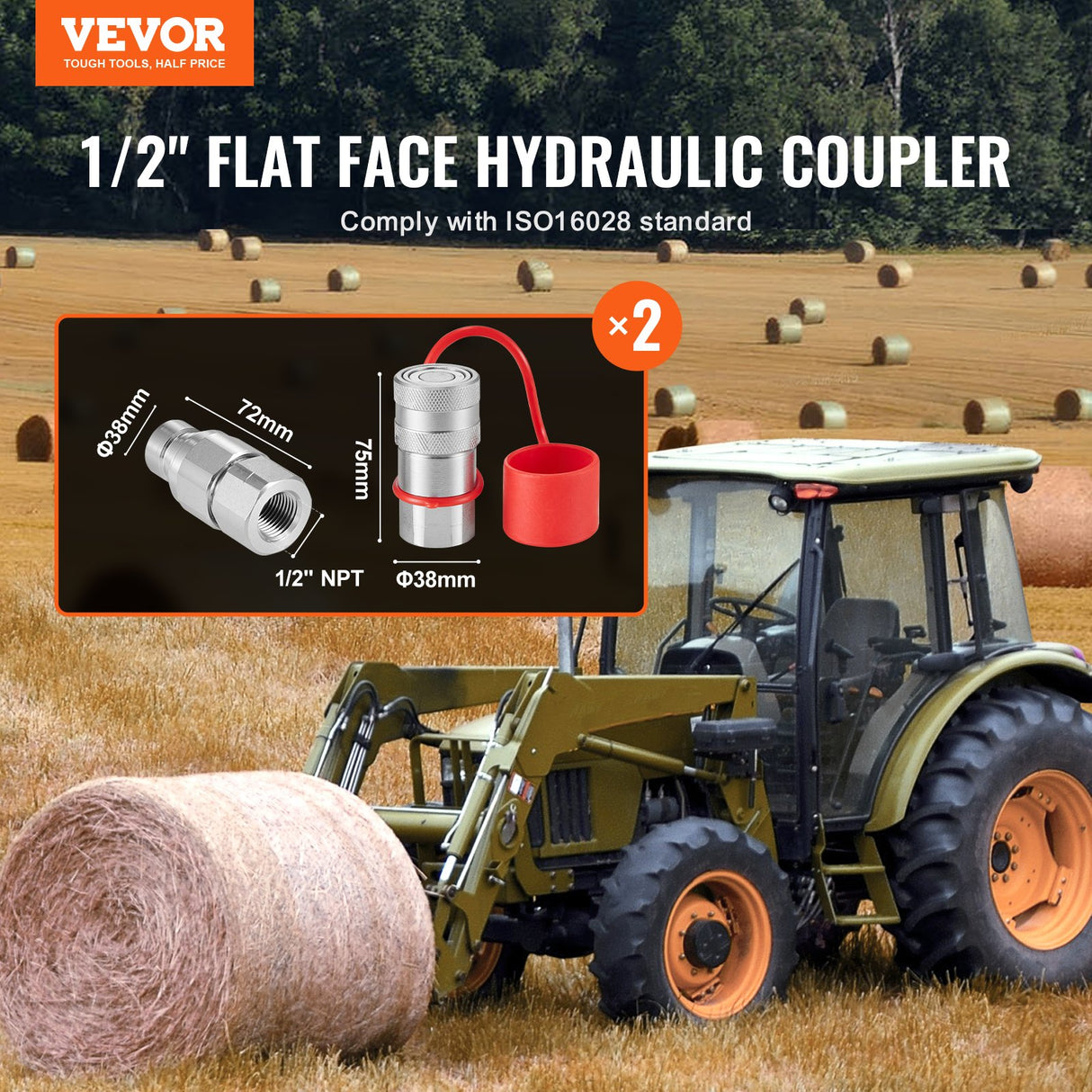 VEVOR 1/2" Flat Face Hydraulic Couplers 1/2" NPT Skid Steer Couplers 4 Dust Caps