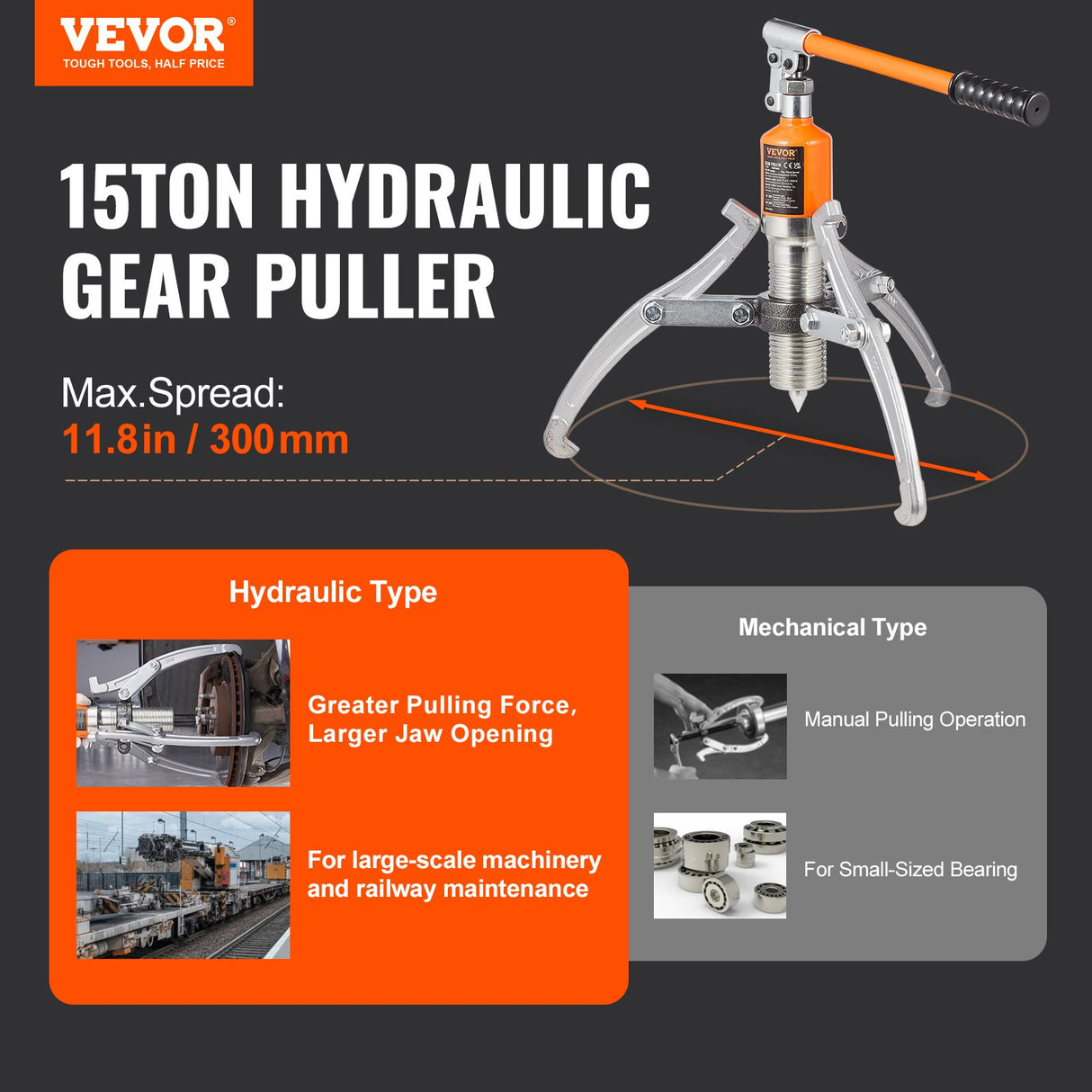 VEVOR Hydraulic Gear Puller 15 Ton Wheel Pulley Bearing 2 or 3-Jaw with Case