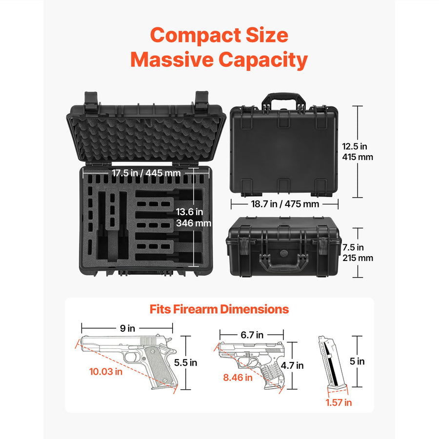 Hard Pistol Case, Heavy Duty Hard Gun Case with XPE Foam Interior, Waterproof Pistol Storage Box with Customizable Lining & Handle for Gun, Lenses, Camera, Gear, TSA Compliant, 475x415x215 mm