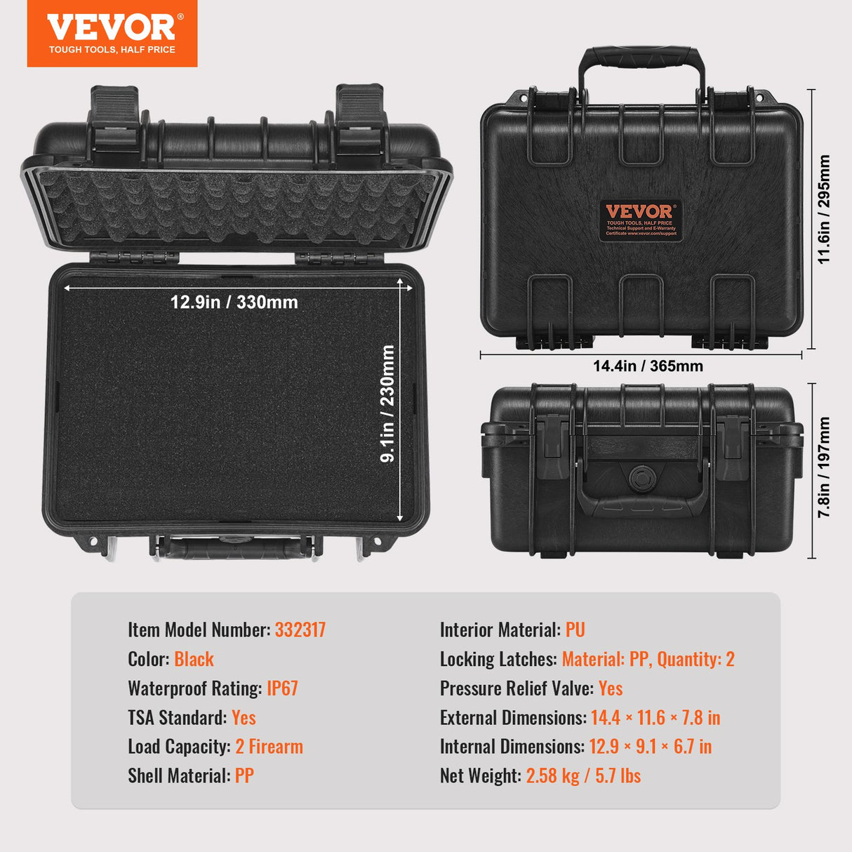 VEVOR Hard Pistol Cases with Pre-cut PU Foam, Waterproof & Dustproof Hard Gun Case for 2 Pistol, 14.1×11.5×7.6 in Lockable Pistol Case, Black