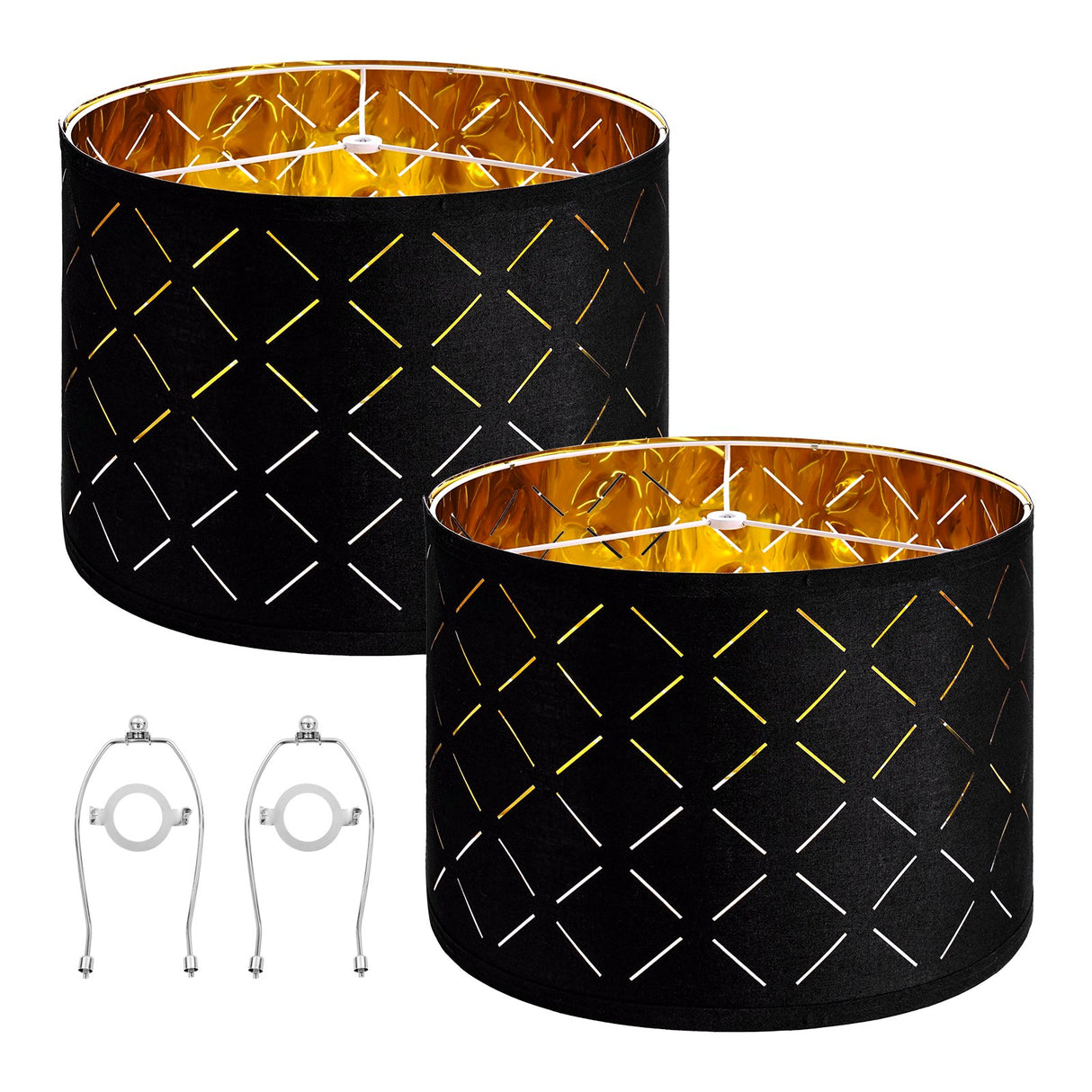 Drum Lamp Shade 2 Set, 33 cm Top x 33 cm Bottom x 25 cm High, Medium Drum Lampshade with Harp, Replacement Lamp Shade for Table Lamps Floor Lamps Pendant Lights, Black Diamond Hollow Design
