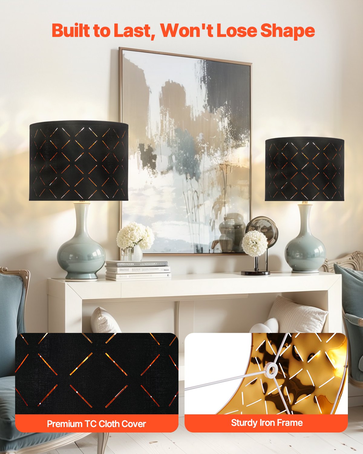 Drum Lamp Shade 2 Set, 33 cm Top x 33 cm Bottom x 25 cm High, Medium Drum Lampshade with Harp, Replacement Lamp Shade for Table Lamps Floor Lamps Pendant Lights, Black Diamond Hollow Design