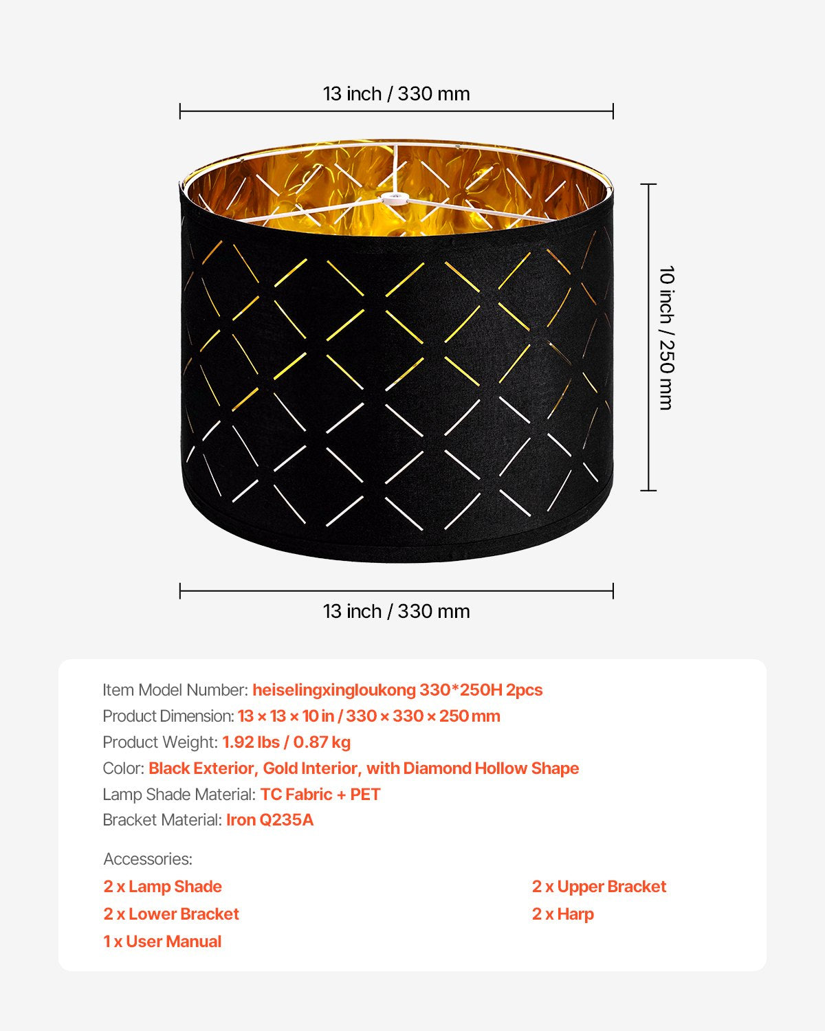 Drum Lamp Shade 2 Set, 33 cm Top x 33 cm Bottom x 25 cm High, Medium Drum Lampshade with Harp, Replacement Lamp Shade for Table Lamps Floor Lamps Pendant Lights, Black Diamond Hollow Design
