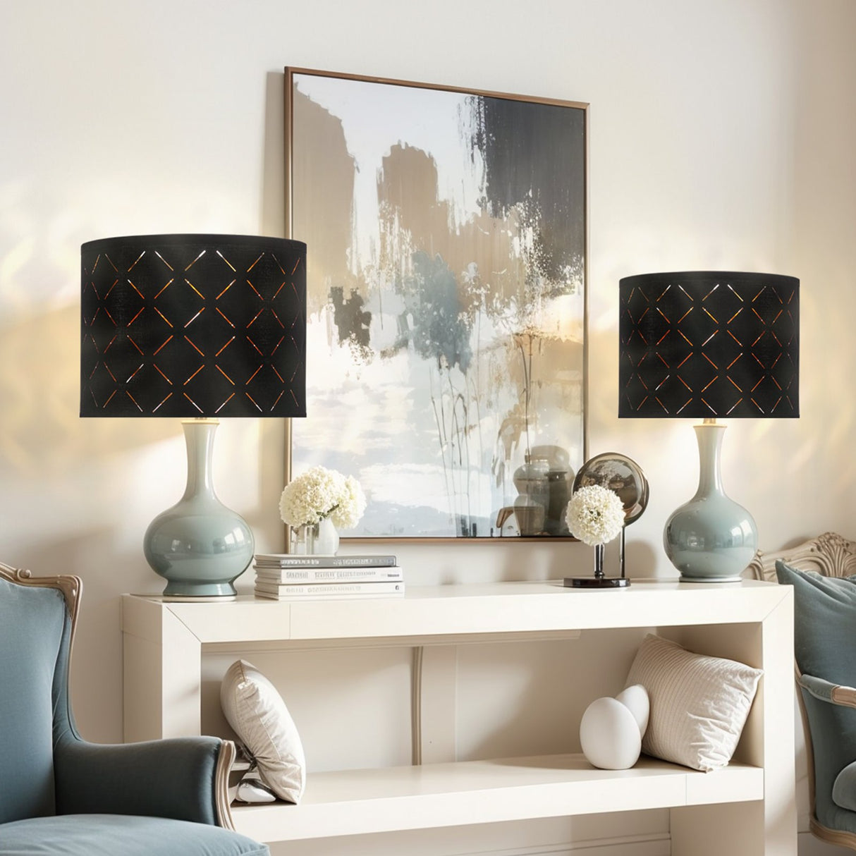 Drum Lamp Shade 2 Set, 33 cm Top x 33 cm Bottom x 25 cm High, Medium Drum Lampshade with Harp, Replacement Lamp Shade for Table Lamps Floor Lamps Pendant Lights, Black Diamond Hollow Design