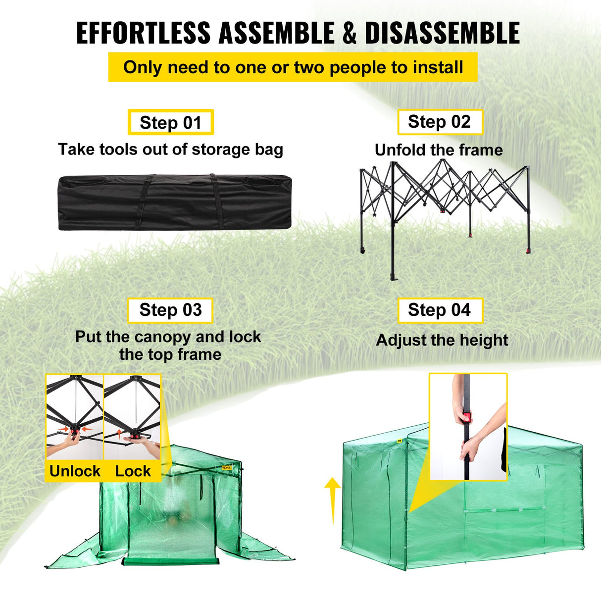 VEVOR 12'x 8'x 8' Pop-Up Greenhouse, Set Up in Minutes, Portable Greenhouse with Doors & Windows. High Strength PE Cover & Powder-Coated Steel