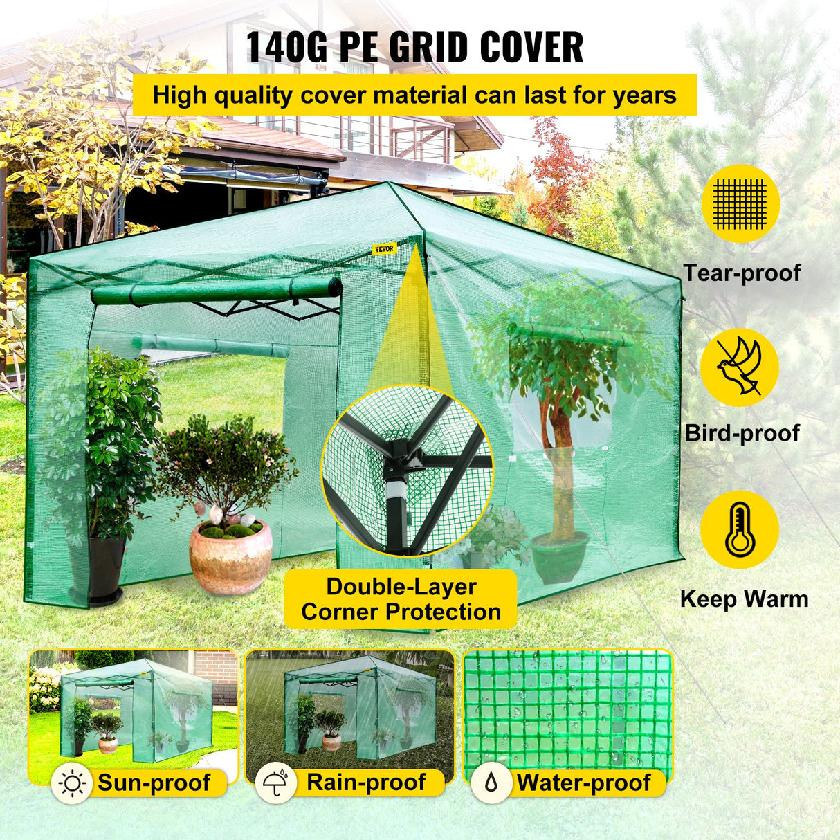 VEVOR 12'x 8'x 8' Pop-Up Greenhouse, Set Up in Minutes, Portable Greenhouse with Doors & Windows. High Strength PE Cover & Powder-Coated Steel
