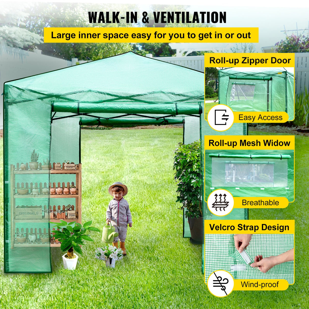 VEVOR 12'x 8'x 8' Pop-Up Greenhouse, Set Up in Minutes, Portable Greenhouse with Doors & Windows. High Strength PE Cover & Powder-Coated Steel