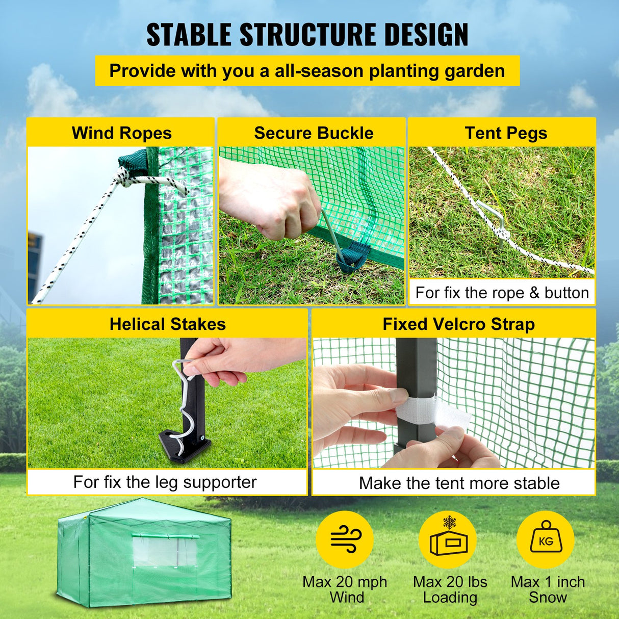 VEVOR 12\'x 8\'x 8\' Pop-Up Greenhouse, Set Up in Minutes, Portable Greenhouse with Doors & Windows. High Strength PE Cover & Powder-Coated Steel Construction