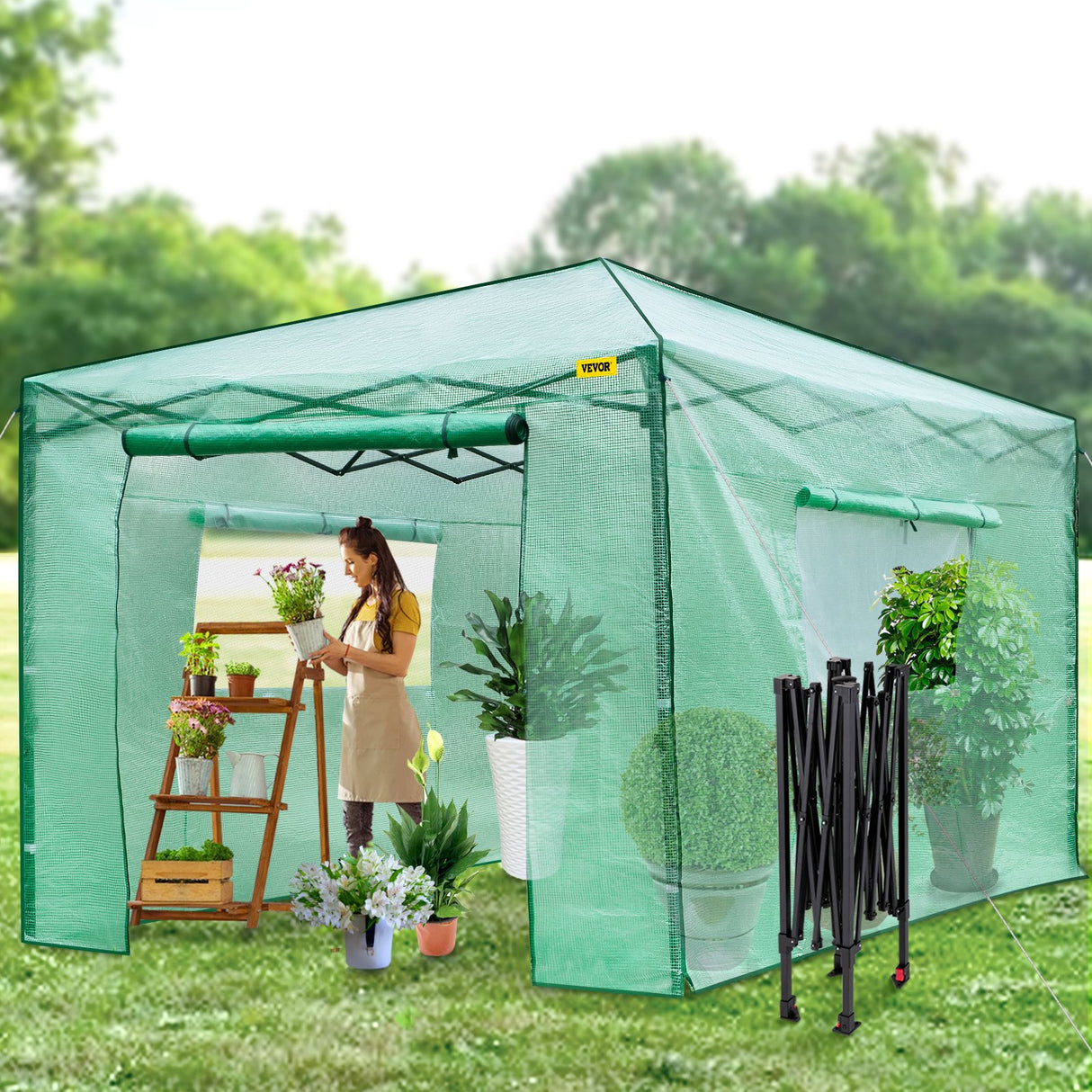 VEVOR 12'x 8'x 8' Pop-Up Greenhouse, Set Up in Minutes, Portable Greenhouse with Doors & Windows. High Strength PE Cover & Powder-Coated Steel