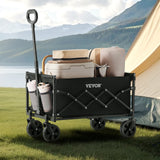 Collapsible Wagon Carts, 120L & 225LBS Folding Wagons with All-Terrain Wheels, Heavy Duty Outdoor Utility Cart with Adjustable Handle, Portable Camping Cart for Beach Grocery Garden Black