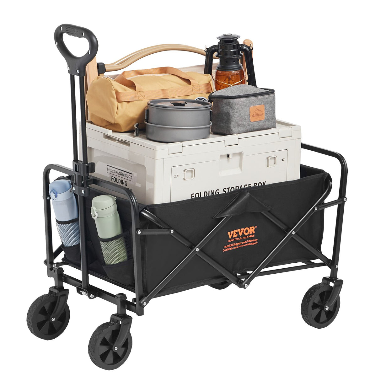 Collapsible Folding Wagon, 2 cu.ft Grass Wagon Cart with All-Terrain 5in Wheels, Heavy Duty Folding Wagon Cart 220 lbs Weight Capacity with Drink Holders, Sports Wagon for Camping, Shopping, Gar