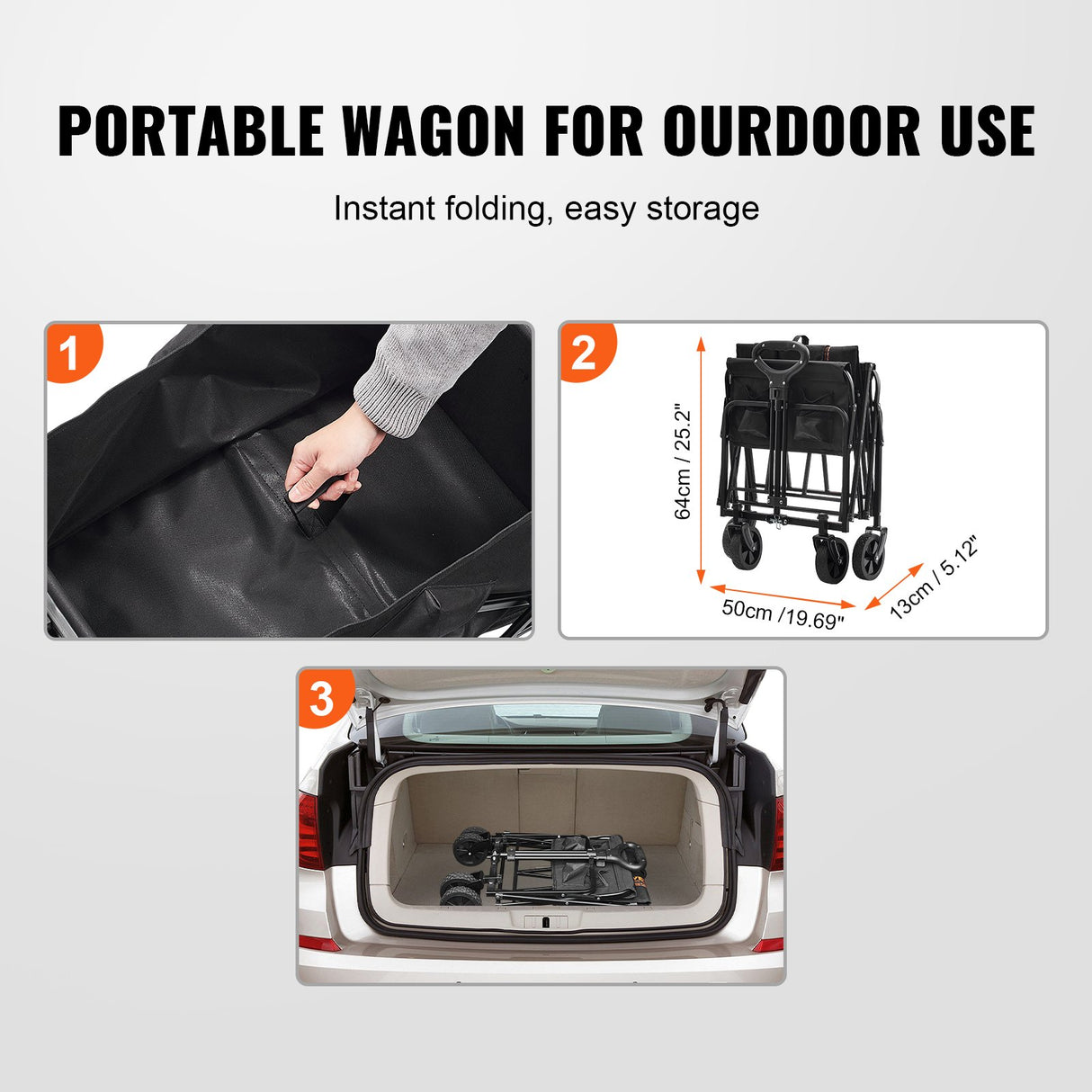 Collapsible Folding Wagon, 2 cu.ft Grass Wagon Cart with All-Terrain 5in Wheels, Heavy Duty Folding Wagon Cart 220 lbs Weight Capacity with Drink Holders, Sports Wagon for Camping, Shopping, Gar
