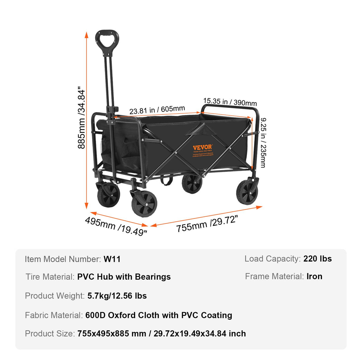 Collapsible Folding Wagon, 2 cu.ft Grass Wagon Cart with All-Terrain 5in Wheels, Heavy Duty Folding Wagon Cart 220 lbs Weight Capacity with Drink Holders, Sports Wagon for Camping, Shopping, Gar