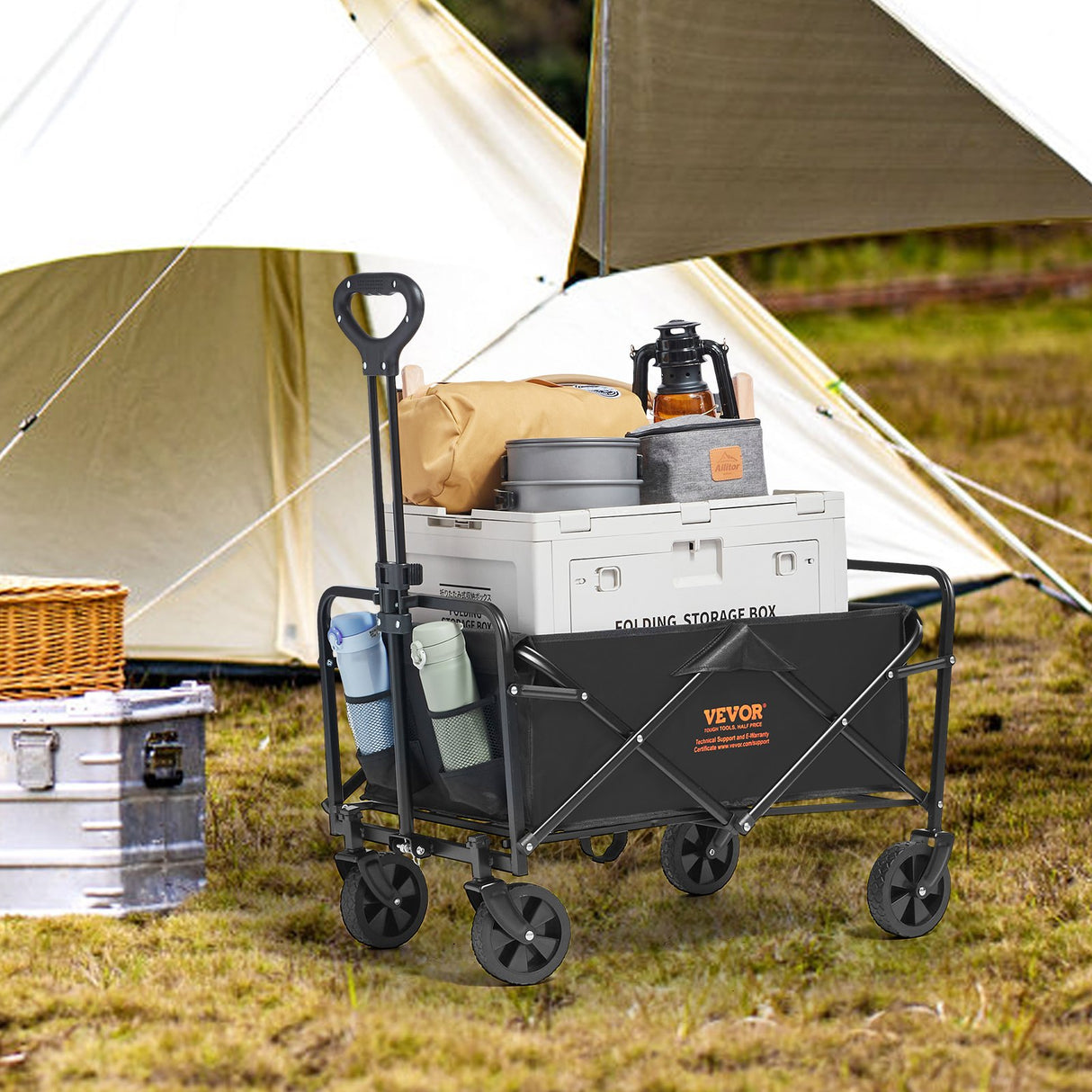 Collapsible Folding Wagon, 2 cu.ft Grass Wagon Cart with All-Terrain 5in Wheels, Heavy Duty Folding Wagon Cart 220 lbs Weight Capacity with Drink Holders, Sports Wagon for Camping, Shopping, Gar