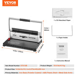 VEVOR Coil Spiral Binding Machine, Manual Book Maker 34-Holes Binding 120 Sheets, Punch Binder with Adjustable 3/16