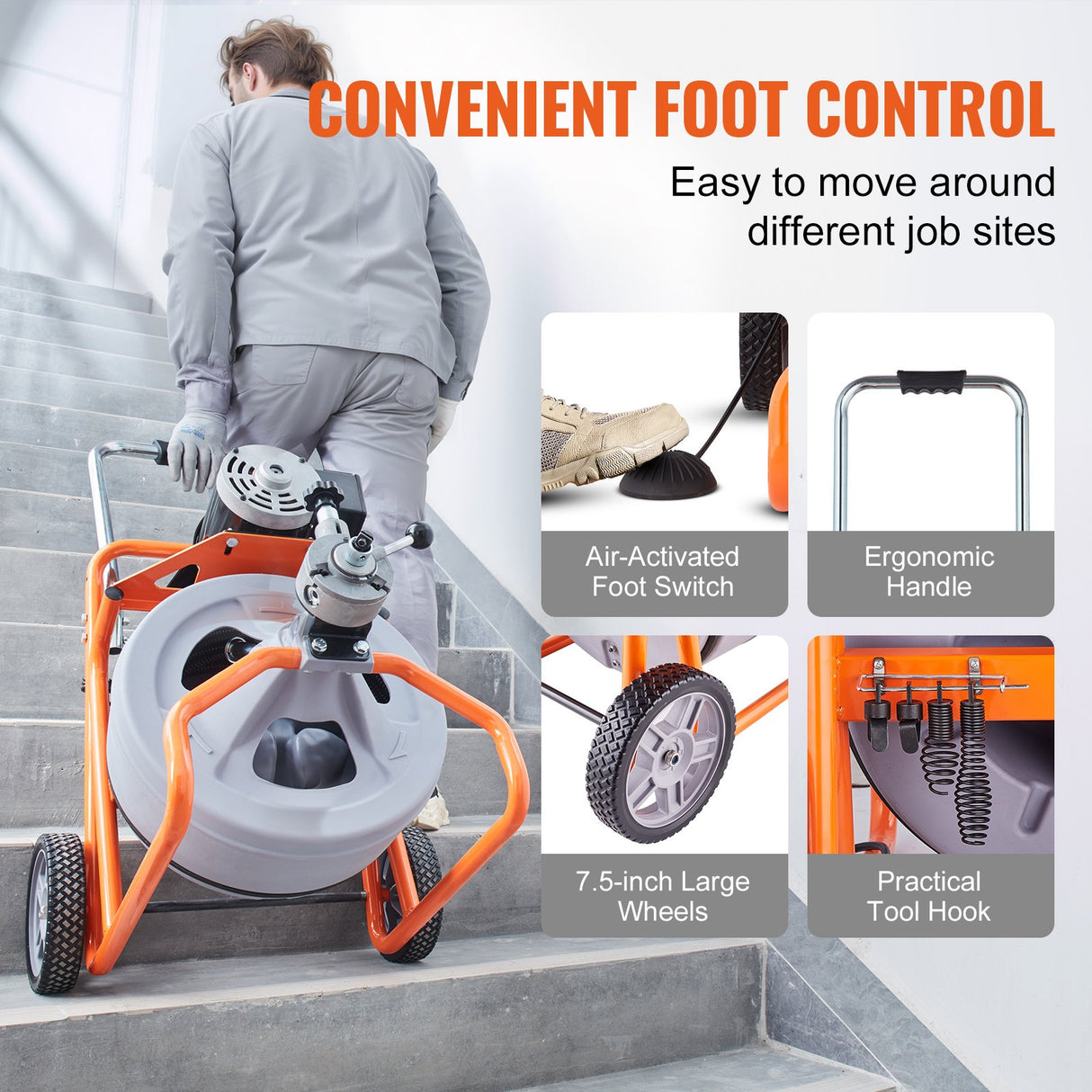 VEVOR Drain Cleaner Machine 75FT x 1/2 Inch Auto Feed with Wheels & 8 Cutters