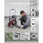 Drain Cleaner Machine 30m x 13mm, Auto Feed Sewer Snake Auger on Wheels - with 8 Cutters & Air-Activated Foot Switch for 50mm to 150mm Pipes