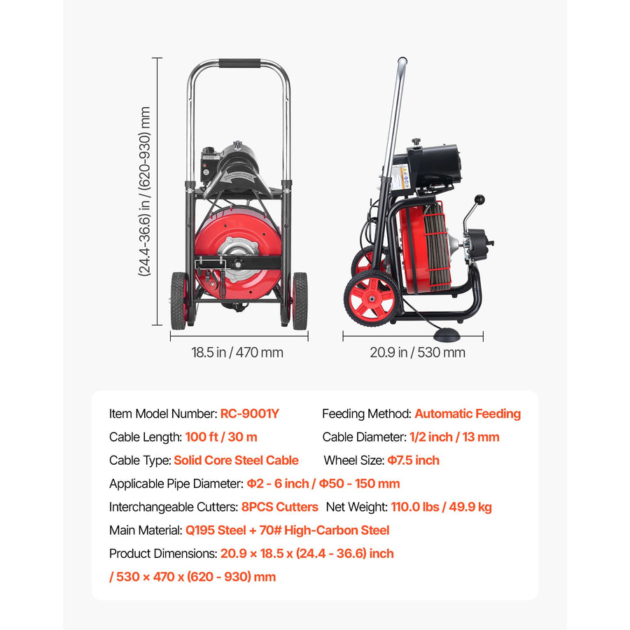Drain Cleaner Machine 30m x 13mm, Auto Feed Sewer Snake Auger on Wheels - with 8 Cutters & Air-Activated Foot Switch for 50mm to 150mm Pipes