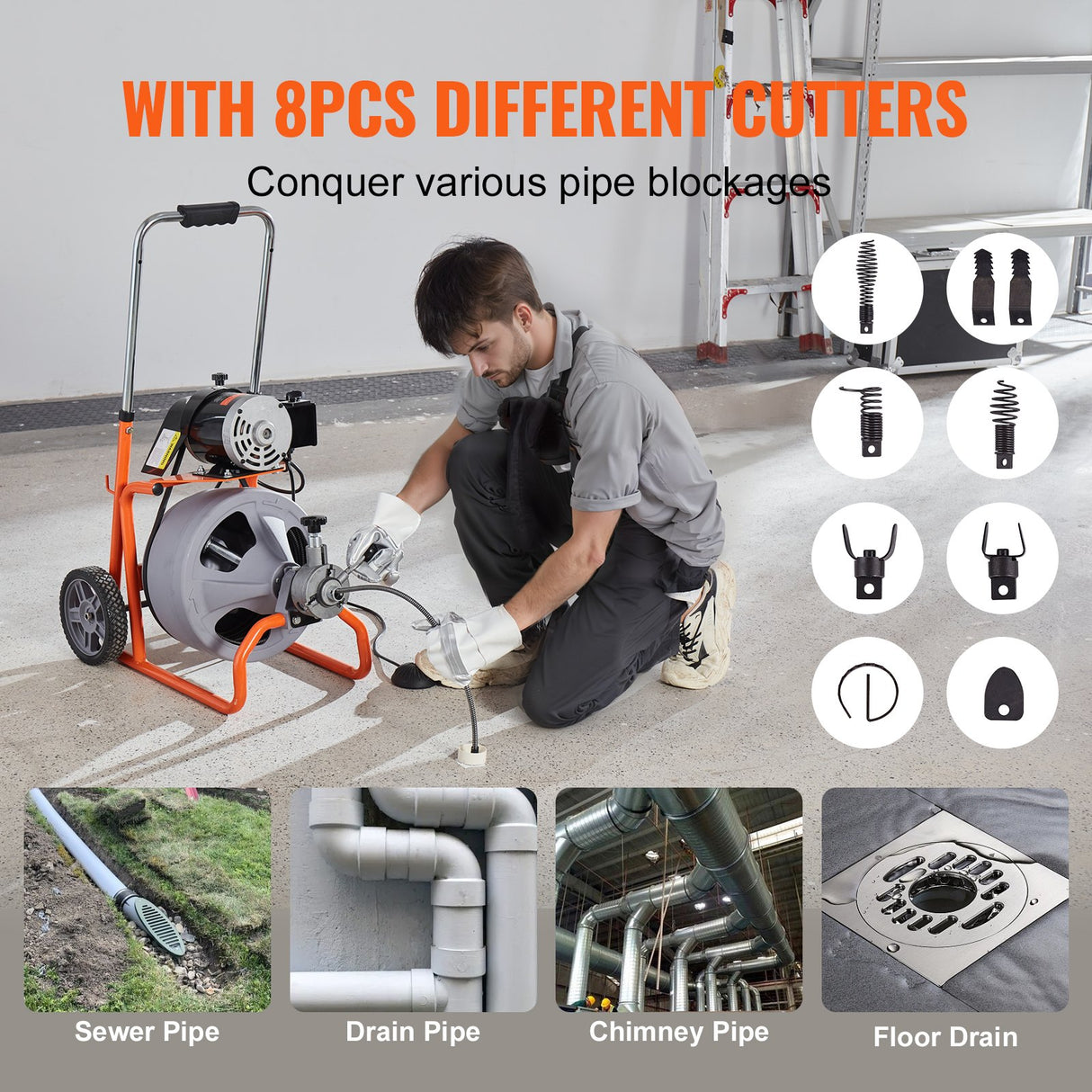 Drain Cleaner Machine 100FT x 3/8 Inch, Auto Feed Sewer Snake Drain Auger on Wheels, Portable Drain Cleaning Machine with 8 Cutters & Air-activated Foot Switch for 2" to 4" Pipes
