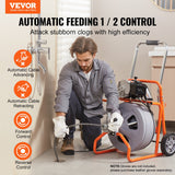 Drain Cleaner Machine 100FT x 1/2 Inch, Auto Feed Sewer Snake Drain Auger on Wheels, Portable Drain Cleaning Machine with 8 Cutters & Air-activated Foot Switch for 2