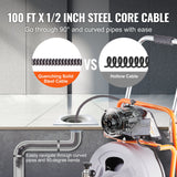 Drain Cleaner Machine 100FT x 1/2 Inch, Auto Feed Sewer Snake Drain Auger on Wheels, Portable Drain Cleaning Machine with 8 Cutters & Air-activated Foot Switch for 2